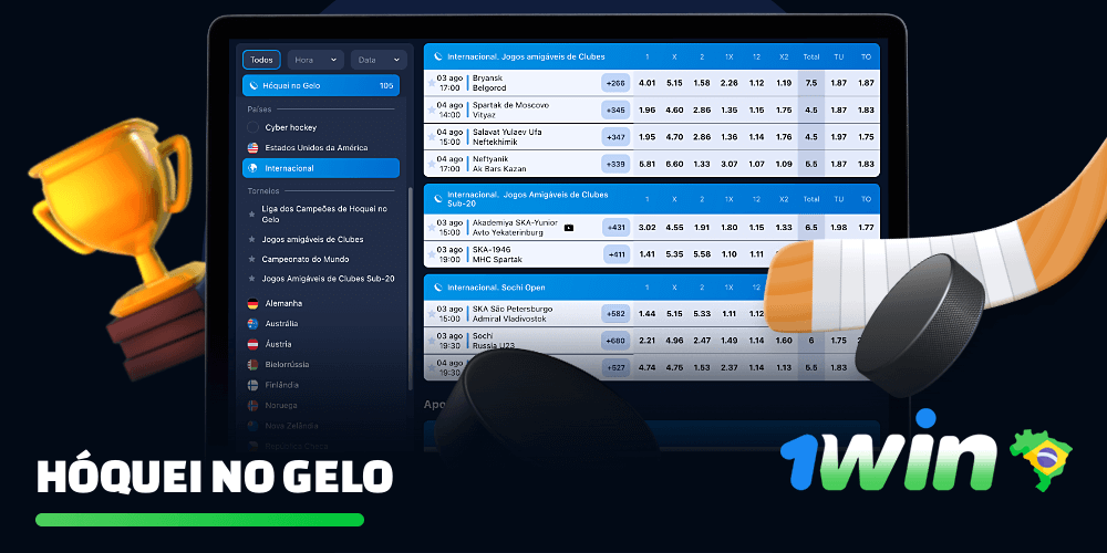 Na plataforma 1win, você pode apostar em hóquei no gelo, incluindo campeonatos regionais e mundiais