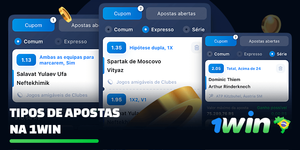 Na 1win, diferentes tipos de apostas esportivas estão disponíveis para usuários registrados do Brasil